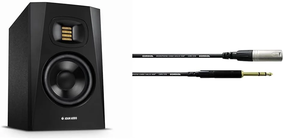مانیتور استودیویی ADAM AUDIO T5V برای ضبط، میکس و مسترینگ با کیفیت استودیویی، مشکی و کابل Cordial صوتی XLR نر/جک نر استریو 1.5 متری کابل AUDIO Essentials XLR/جک