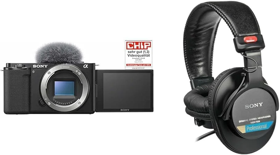 دوربین ولاگ بدون آینه Sony Alpha ZV-E10 | APS-C (صفحه نمایش چرخان برای ولاگ، ویدیوی 4K، فوکوس خودکار چشم در زمان واقعی)، مشکی و هدفون استودیویی بسته MDR-7506