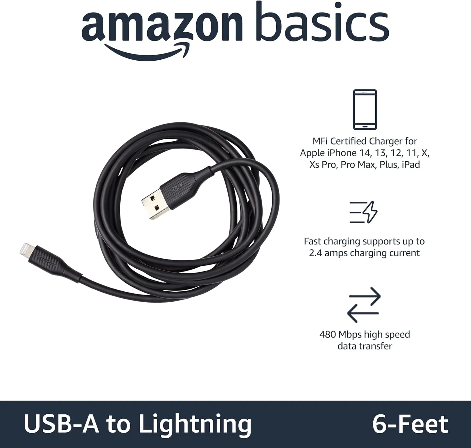 بسته 2 عددی کابل شارژ USB-A به لایتنینگ Amazon Basics، کابل شارژ دارای گواهی MFi برای Apple iPhone 14 13 12 11 X Xs Pro، Pro Max، Plus، iPad، طول 1.8 متر، مشکی بسته 2 عددی کابل شارژ USB-A به لایتنینگ Amazon Basics، کابل شارژ دارای گواهی MFi برای Apple iPhone 14 13 12 11 X Xs Pro، Pro Max، Plus، iPad، طول 1.8 متر، مشکی
