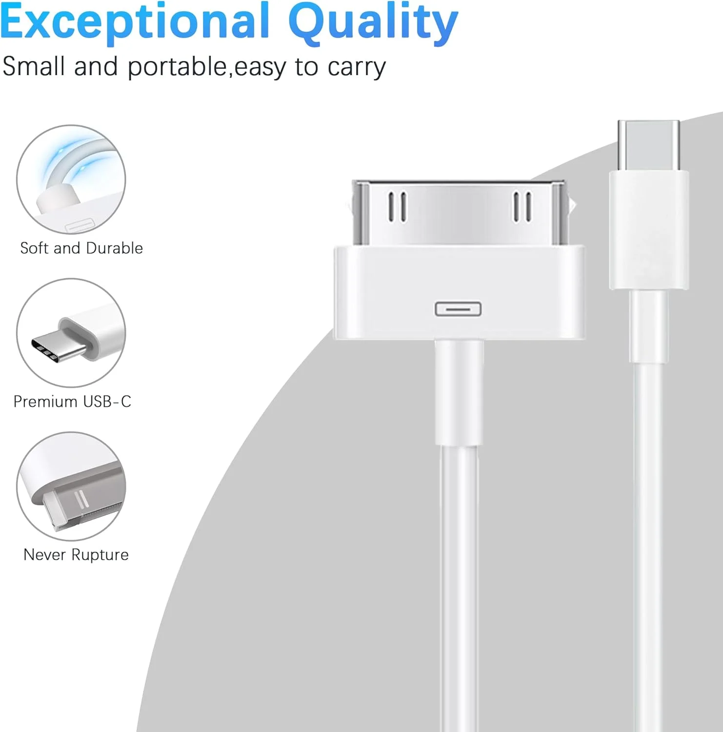 کابل تبدیل 30 پین به USB-C برای آیفون، آیپد، آیپاد - طول 90 سانتیمتر (کابل داده/شارژ نسل جدید از USB-C به کانکتور داک برای آیفون 4S/4/3G/3/1، آیپد 3/2/1، آیپاد، سفید) کابل تبدیل 30 پین به USB-C برای آیفون، آیپد، آیپاد - طول 90 سانتیمتر (کابل داده/شارژ نسل جدید از USB-C به کانکتور داک برای آیفون 4S/4/3G/3/1، آیپد 3/2/1، آیپاد، سفید)