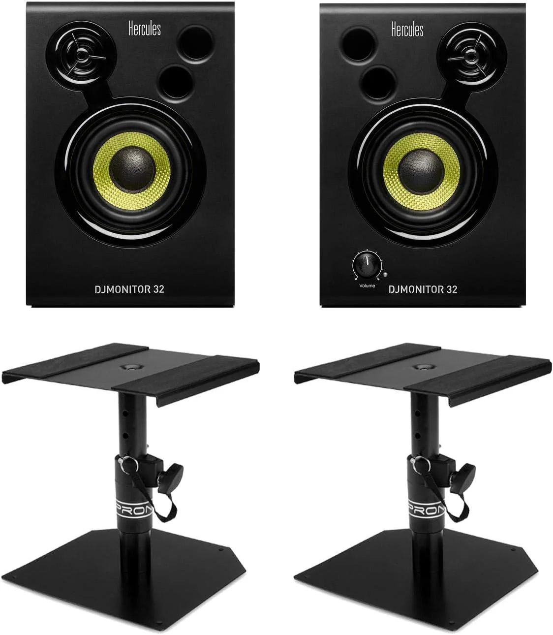 مجموعه پایه رومیزی Hercules DJMonitor 32 (جفت بلندگوی اکتیو جمع و جور با 15 وات برای هر ماهواره، ووفر 3 اینچی و درگاه باس دوتایی در مجموعه ای کاربردی شامل 2 پایه رومیزی برای مانیتورهای استودیویی) مشکی