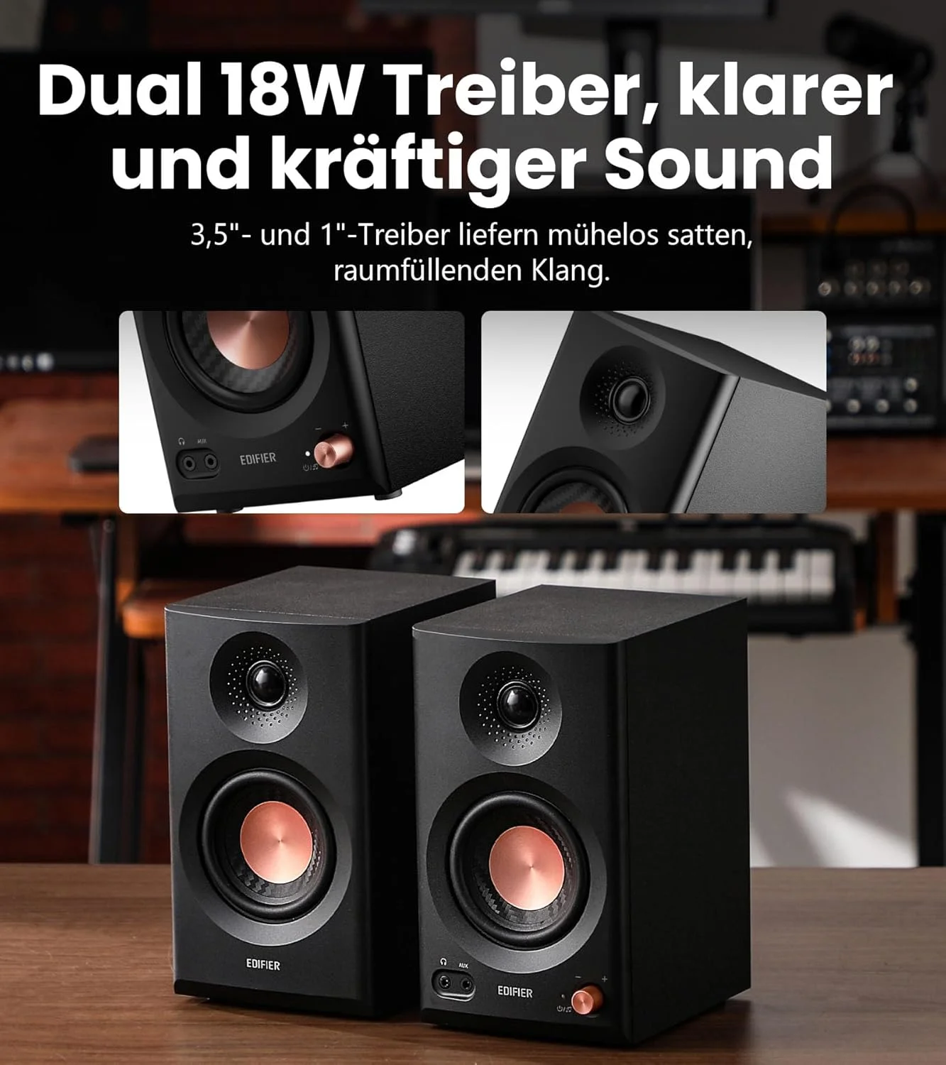 اسپیکر استودیویی جمع و جور 2.0 Edifier MR3، صدای Hi-Res، بلوتوث V5.4، کنترل‌های فیزیکی، RCA، AUX، اپلیکیشن موبایل، 2 x 18 وات، مشکی
