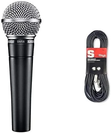 میکروفون داینامیک Shure SM58-S با کلید روشن/خاموش و کابل میکروفون Stagg SMC10 (10 متری، XLR مادگی به XLR نری)