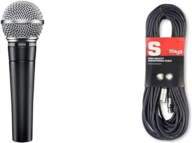 میکروفون آواز داینامیک Shure SM58 با الگوی قطبی کاردیوئید، سیستم تعلیق پنوماتیک و کابل میکروفون Stagg SMC10 به طول 10 متر، مادگی XLR به نری XLR