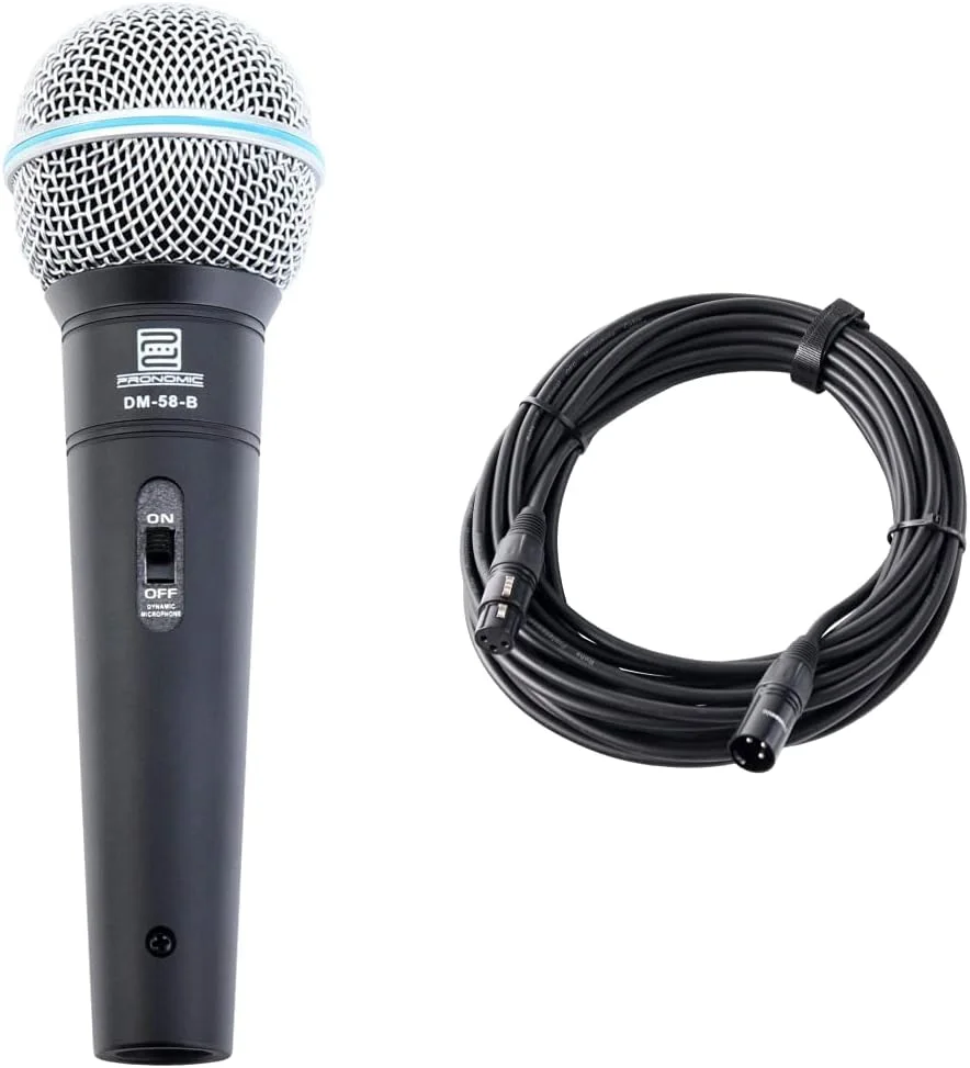 میکروفون آواز داینامیک Pronomic DM-58-B با کلید (برای سخنرانی، گیره، رزوه کاهنده) و کابل میکروفون XFXM-10 (طول 10 متر، XLR مادگی 3 پین -> XLR نری 3 پین) مشکی