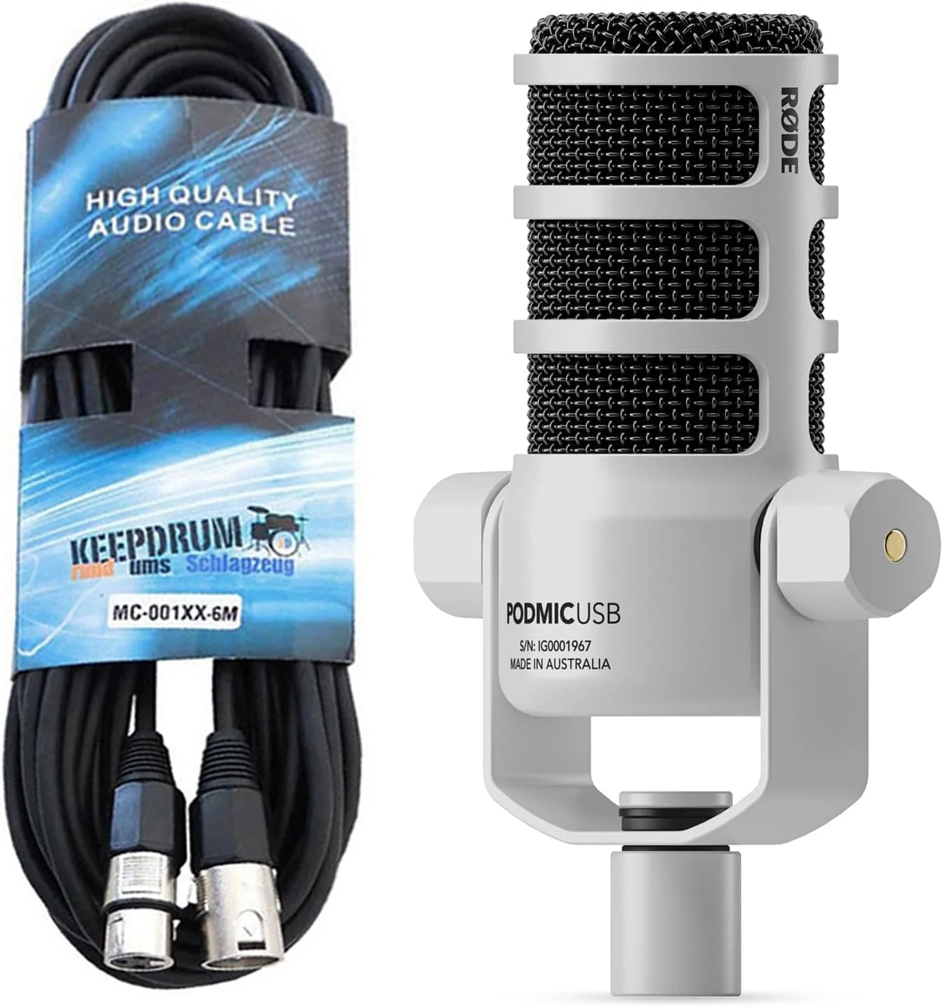 میکروفون سخنرانی داینامیک USB XLR رُد Podmic سفید با کابل XLR کیپ درام