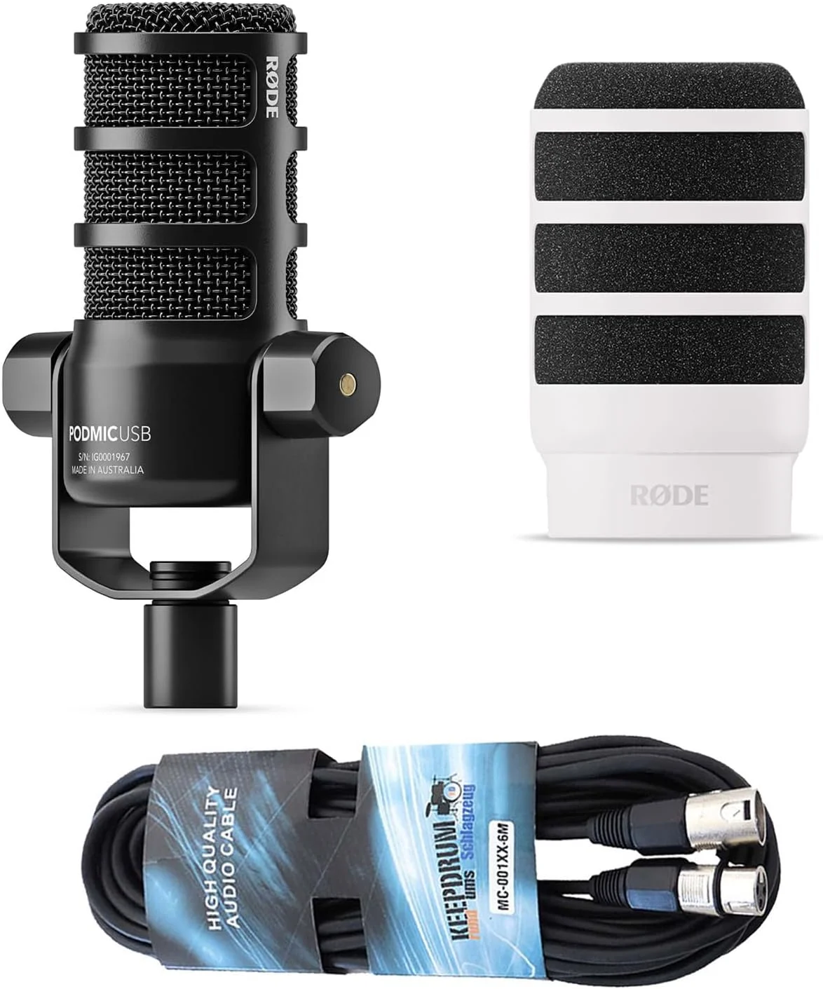 میکروفون پادکست Rode Podmic USB XLR + پاپ شیلد WS14W Deluxe سفید + کابل XLR کیپ درام