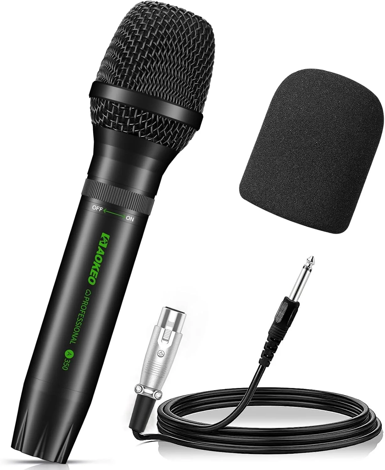 میکروفون‌های دینامیک Aokeo مدل A350، میکروفون کارائوکه برای آواز خواندن با فوم محافظ پاپ و کابل XLR 5 متری. میکروفون دستی سازگار برای بلندگو، ماشین، تقویت کننده، میکسر- سخنرانی، عروسی