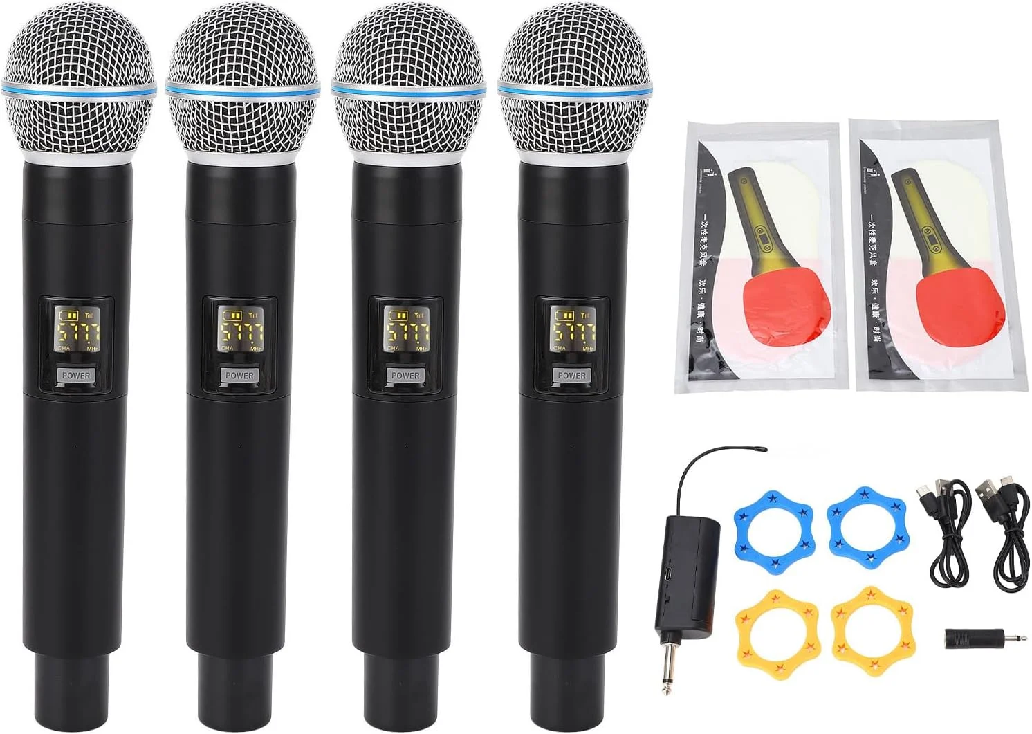ست میکروفون دستی بی‌سیم، برد 50 متری، 4 میکروفون دینامیک VHF برای اجرای صحنه، کارائوکه با تکنولوژی پیشرفته، عمر باتری طولانی، زیبا