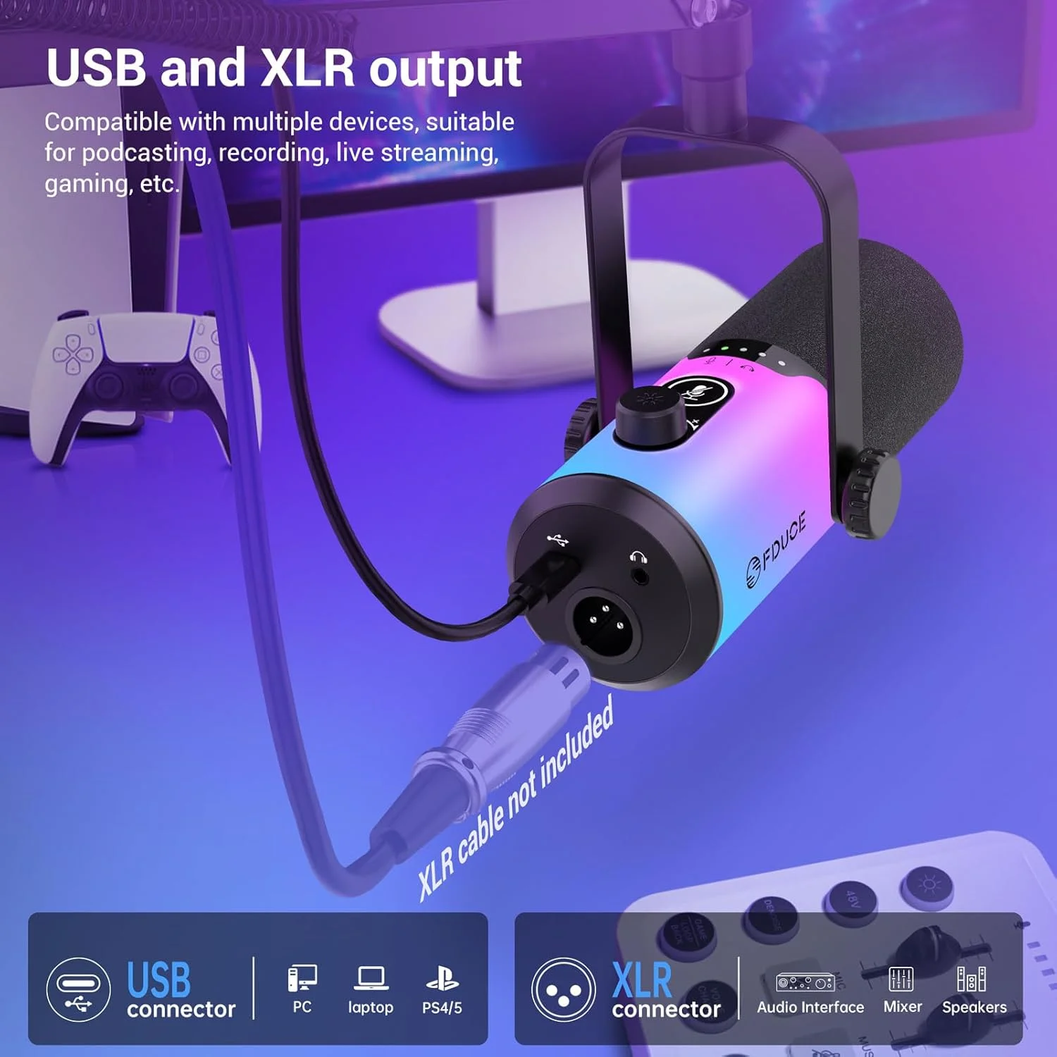 میکروفون گیمینگ USB/XLR داینامیک FDUCE برای ضبط پادکست، میکروفون آواز استریمینگ گیمینگ کامپیوتر PC با نور RGB، دکمه قطع صدا، کنترل بهره، جک هدفون، با بازوی بوم (D20+) میکروفون گیمینگ USB/XLR داینامیک FDUCE برای ضبط پادکست، میکروفون آواز استریمینگ گیمینگ کامپیوتر PC با نور RGB، دکمه قطع صدا، کنترل بهره، جک هدفون، با بازوی بوم (D20+)