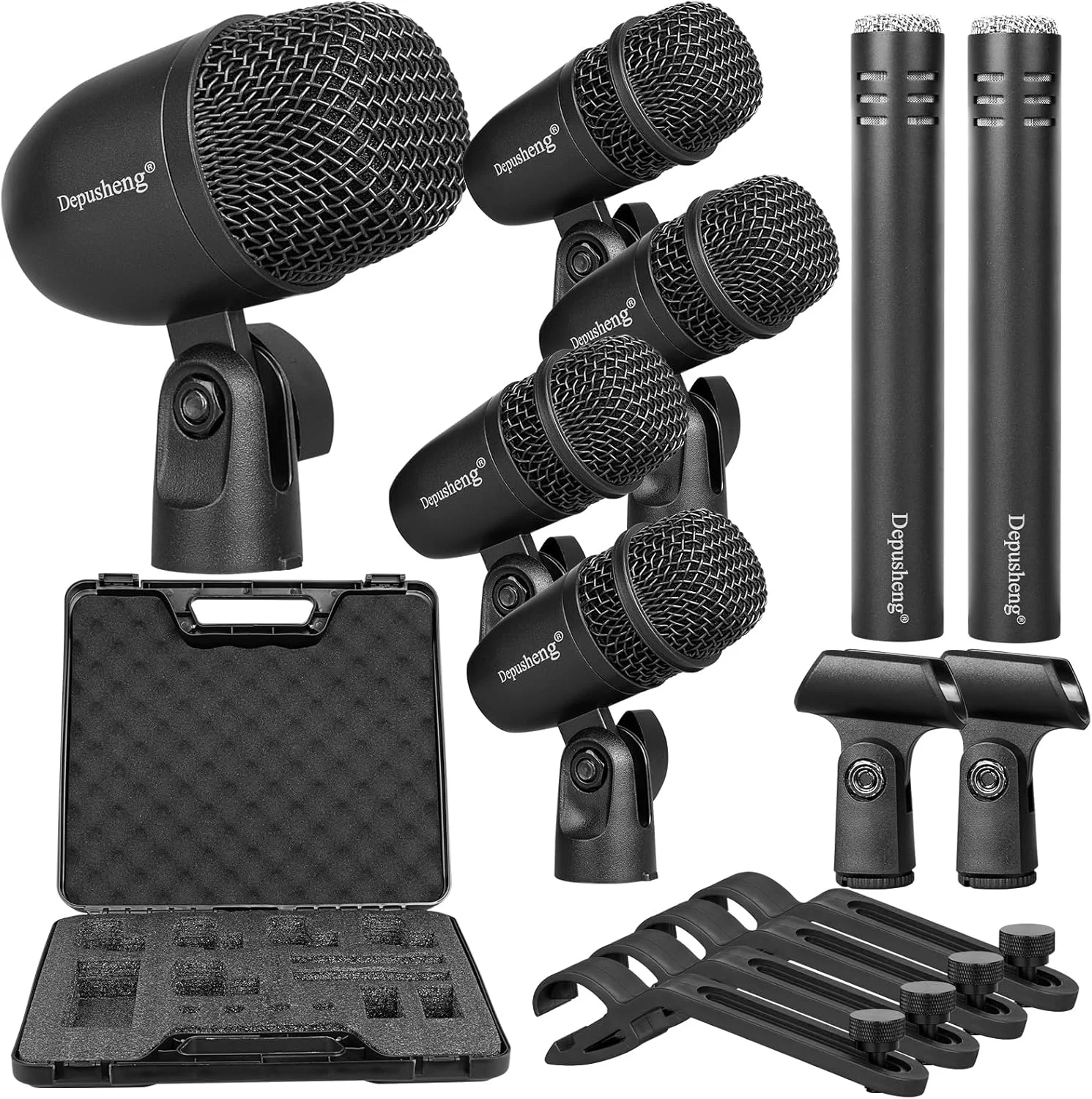 ست میکروفون درام 7 تکه Depusheng با 5 میکروفون دینامیک درام و 2 میکروفون کندانسور پرکاشن، ایده آل برای ضبط سازها و تولید موسیقی