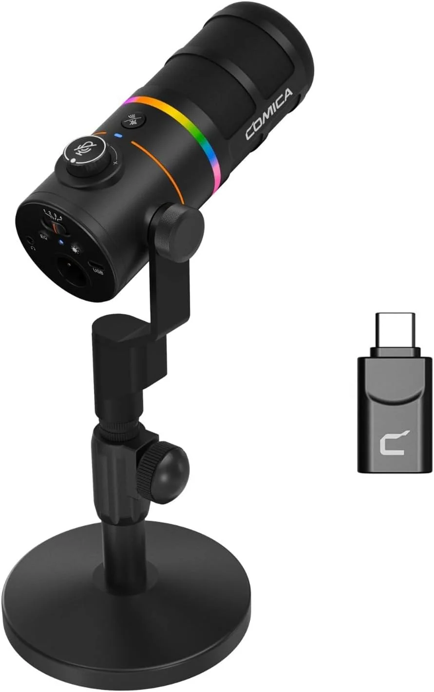 میکروفون دینامیک XLR USB کمیکا D10 Pro D با پایه رومیزی گیرنده برای ضبط بازی/تیک تاک/پادکست، پشتیبانی از دکمه بی صدا با نور RGB برای رایانه شخصی، تلفن هوشمند، کامپیوتر (مشکی)