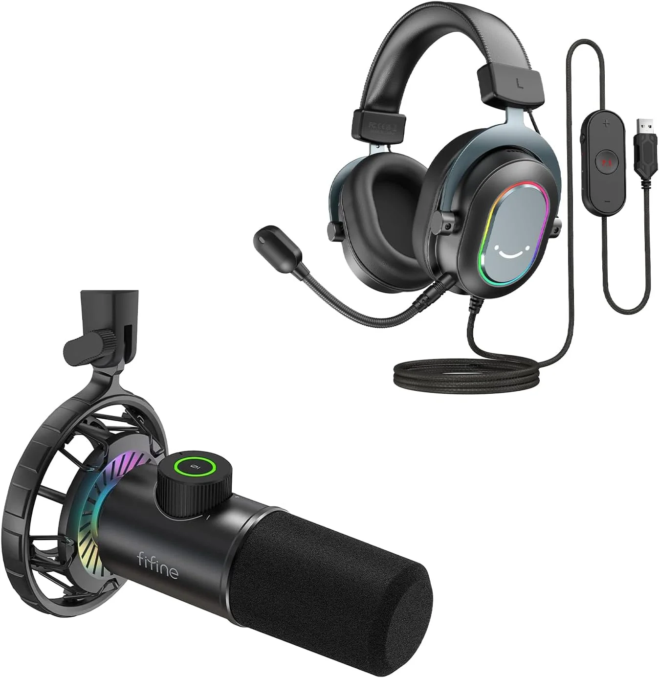 میکروفون کامپیوتر FIFINE و هدست USB، میکروفون دینامیک و هدفون روگوشی با 3 حالت EQ، صدای فراگیر و کابل، برای استریمینگ پادکست بازی استودیو PS4 PS5 (K658+H6)
