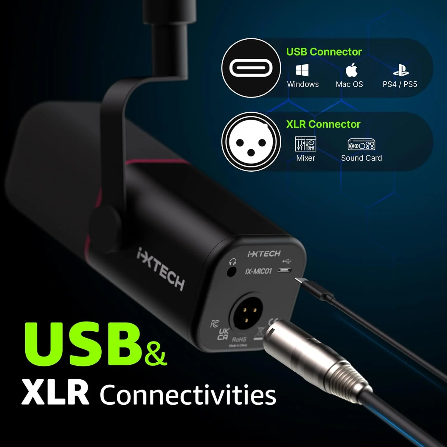 میکروفون داینامیک IXTECH با الگوی قطبی کاردیوید، میکروفون خوانندگی RGB، میکروفون استودیویی USB XLR با دکمه قطع صدا، مناسب پادکست، استریم، ضبط، بازی و صداگذاری - مشکی
