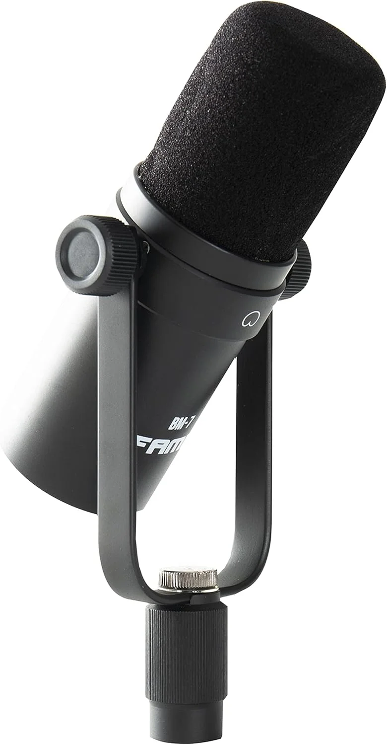 میکروفون داینامیک Fame Audio BM-7، مشکی، الگوی قطبی کاردیوئید، محدوده فرکانسی 20 هرتز تا 20 کیلوهرتز، حساسیت 1.41 mV/Pa، اتصال XLR 3 پین، 50x140x50 میلی‌متر، 0.44 کیلوگرم، مونو، پسیو، به همراه پاپ شیلد