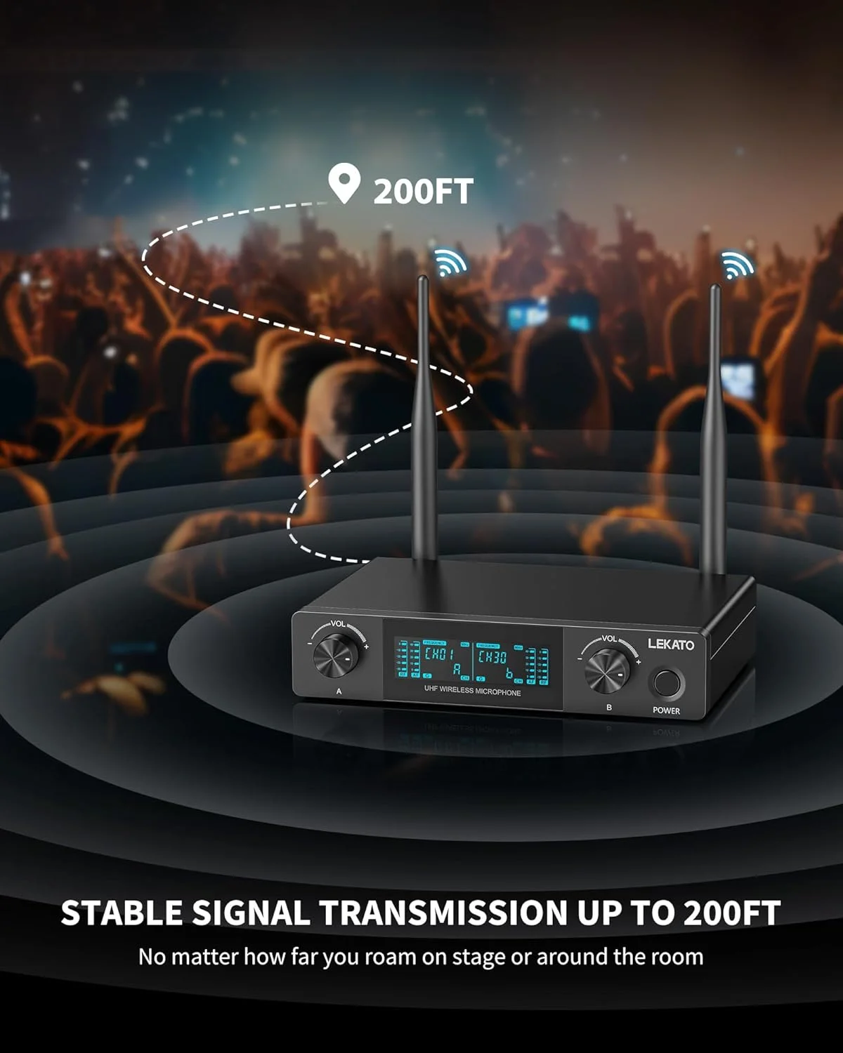 میکروفون بی سیم LEKATO، میکروفون دستی فلزی UHF حرفه ای میکروفون دینامیک دوگانه، سیستم میکروفون کارائوکه با گیرنده برای کلیسا، دی جی، آواز، عروسی، کنفرانس، 200 فوت