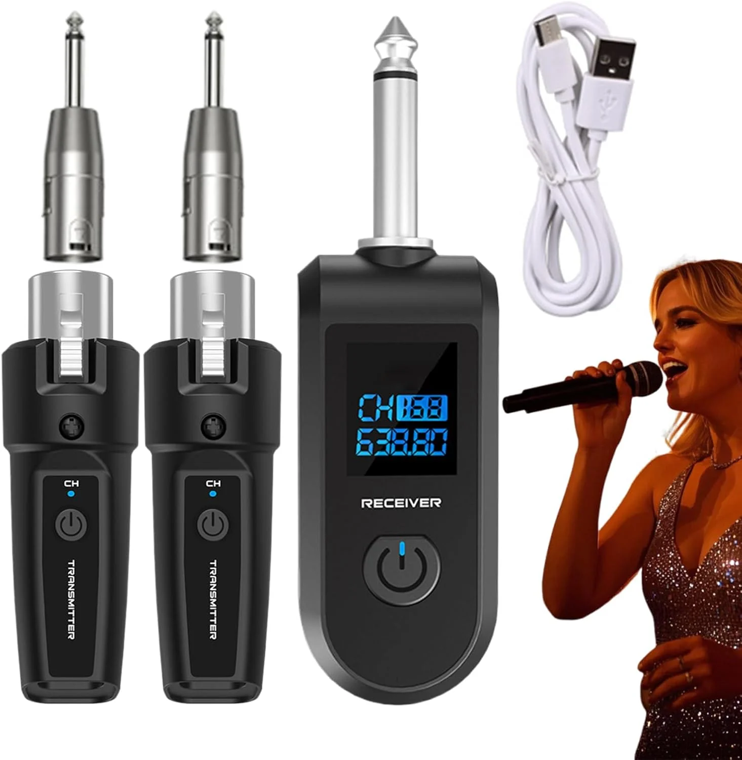 سیستم میکروفون بی‌سیم، فرستنده و گیرنده صدا | 10 کانال آداپتور بی‌سیم برای میکروفون دینامیک | فرستنده و گیرنده پلاگین برای گیتار باس و سازهای الکتریکی