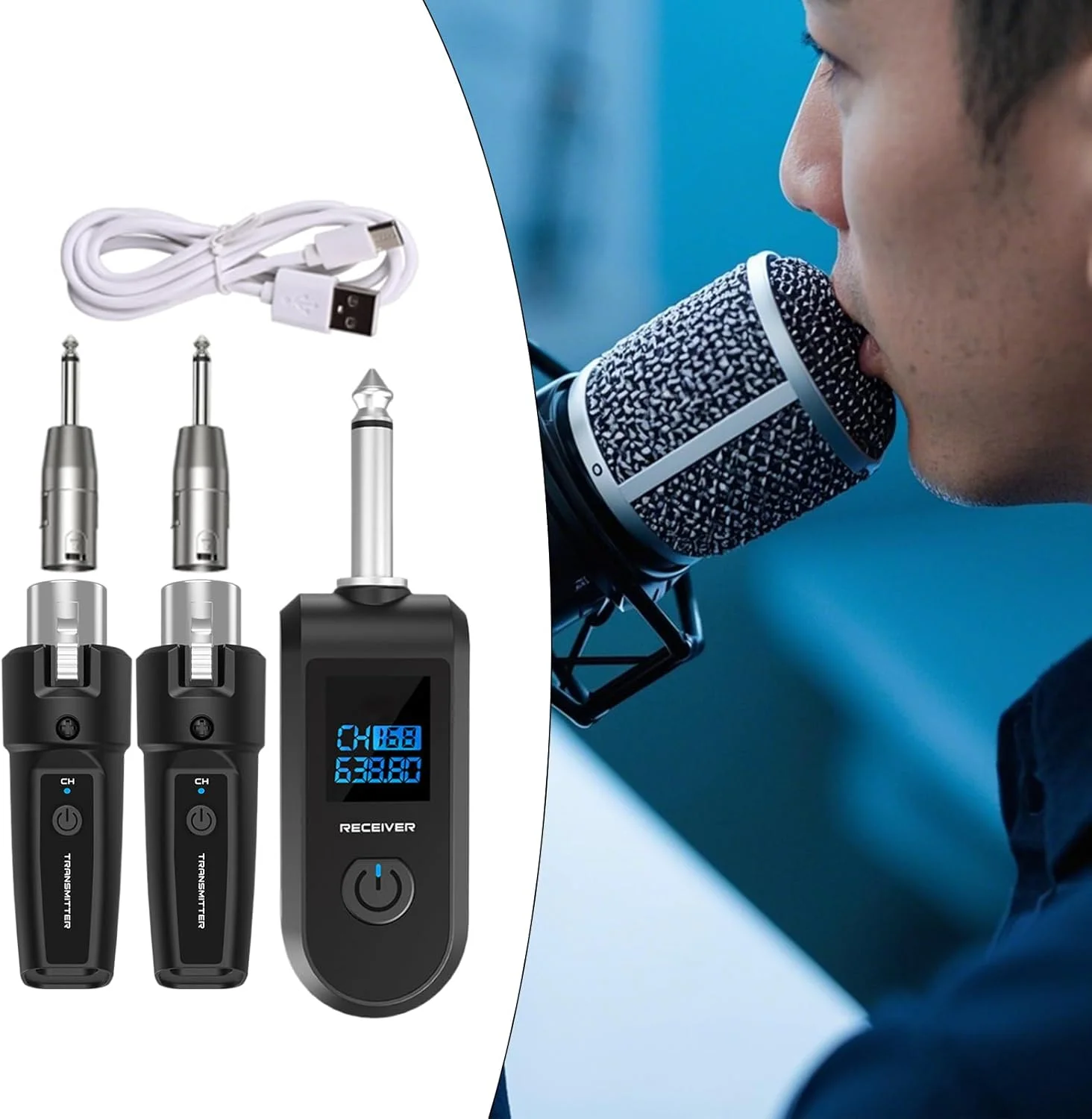سیستم میکروفون بی‌سیم، فرستنده و گیرنده صدا | 10 کانال آداپتور بی‌سیم برای میکروفون دینامیک | فرستنده و گیرنده پلاگین برای گیتار باس و سازهای الکتریکی