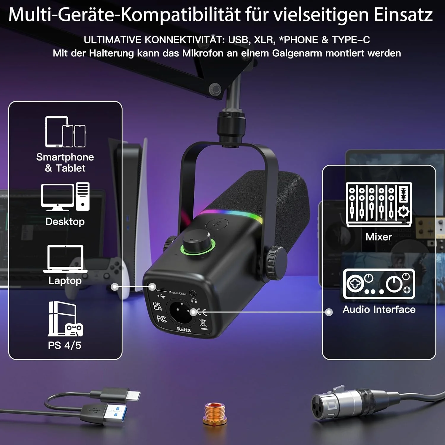 میکروفون دینامیک XLR/USB برای پادکست بازی، برای تلفن، کامپیوتر، میکروفون استریم بازی با نور RGB، دکمه قطع صدا، تقویت میکروفون، پایه رومیزی، آواز خواندن، یوتیوب