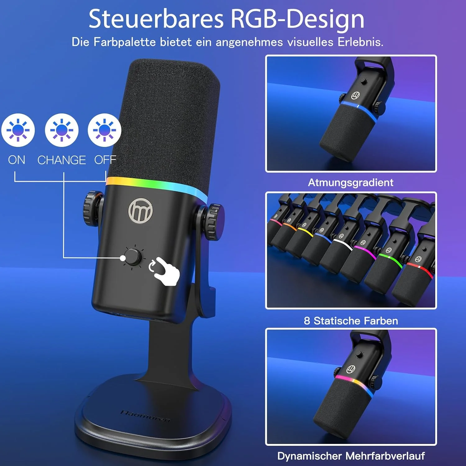 میکروفون دینامیک XLR/USB برای پادکست بازی، برای تلفن، کامپیوتر، میکروفون استریم بازی با نور RGB، دکمه قطع صدا، تقویت میکروفون، پایه رومیزی، آواز خواندن، یوتیوب