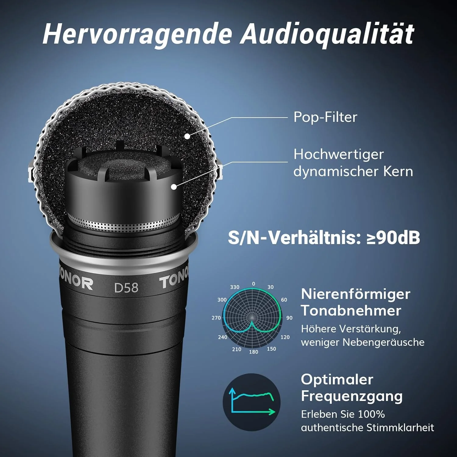 میکروفون دینامیک آوازی TONOR با فیلتر پاپ داخلی، میکروفون دستی XLR با قابلیت حذف نویز، خروجی XLR 6.35 میلی‌متری برای آواز، استیج، ضبط، دستگاه کارائوکه، D58 مشکی