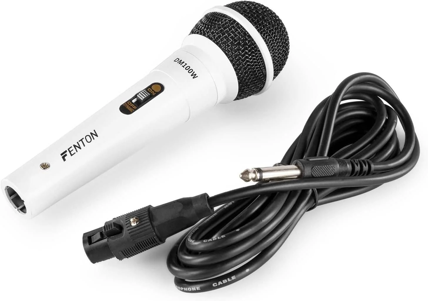 میکروفون داینامیک فنتون DM100W با کلید و الگوی قطبی کاردیوئید، کابل 3 متری XLR به جک 6.3 میلیمتری، میکروفون دیجی، مناسب سخنرانی، کارائوکه و آواز، سفید میکروفون داینامیک فنتون DM100W با کلید و الگوی قطبی کاردیوئید، کابل 3 متری XLR به جک 6.3 میلیمتری، میکروفون دیجی، مناسب سخنرانی، کارائوکه و آواز، سفید