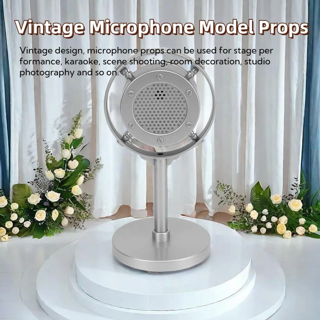 میکروفون تزئینی کلاسیک رترو CCYLEZ، میکروفون پلاستیکی قدیمی با پایه، مناسب عکاسی صحنه، میکروفون دینامیک وکال برای مهمانی (نقره ای)