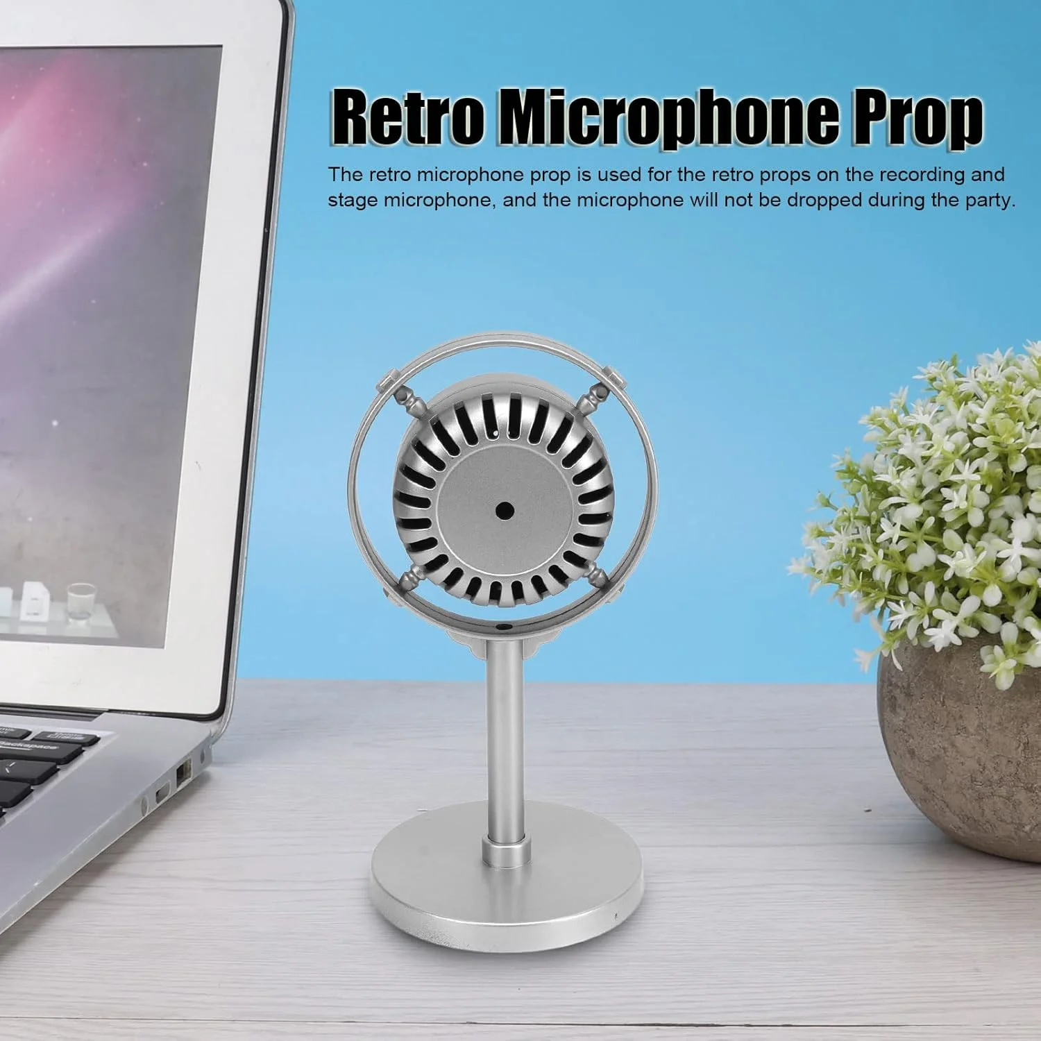 میکروفون تزئینی کلاسیک رترو CCYLEZ، میکروفون پلاستیکی قدیمی با پایه، مناسب عکاسی صحنه، میکروفون دینامیک وکال برای مهمانی (نقره ای)