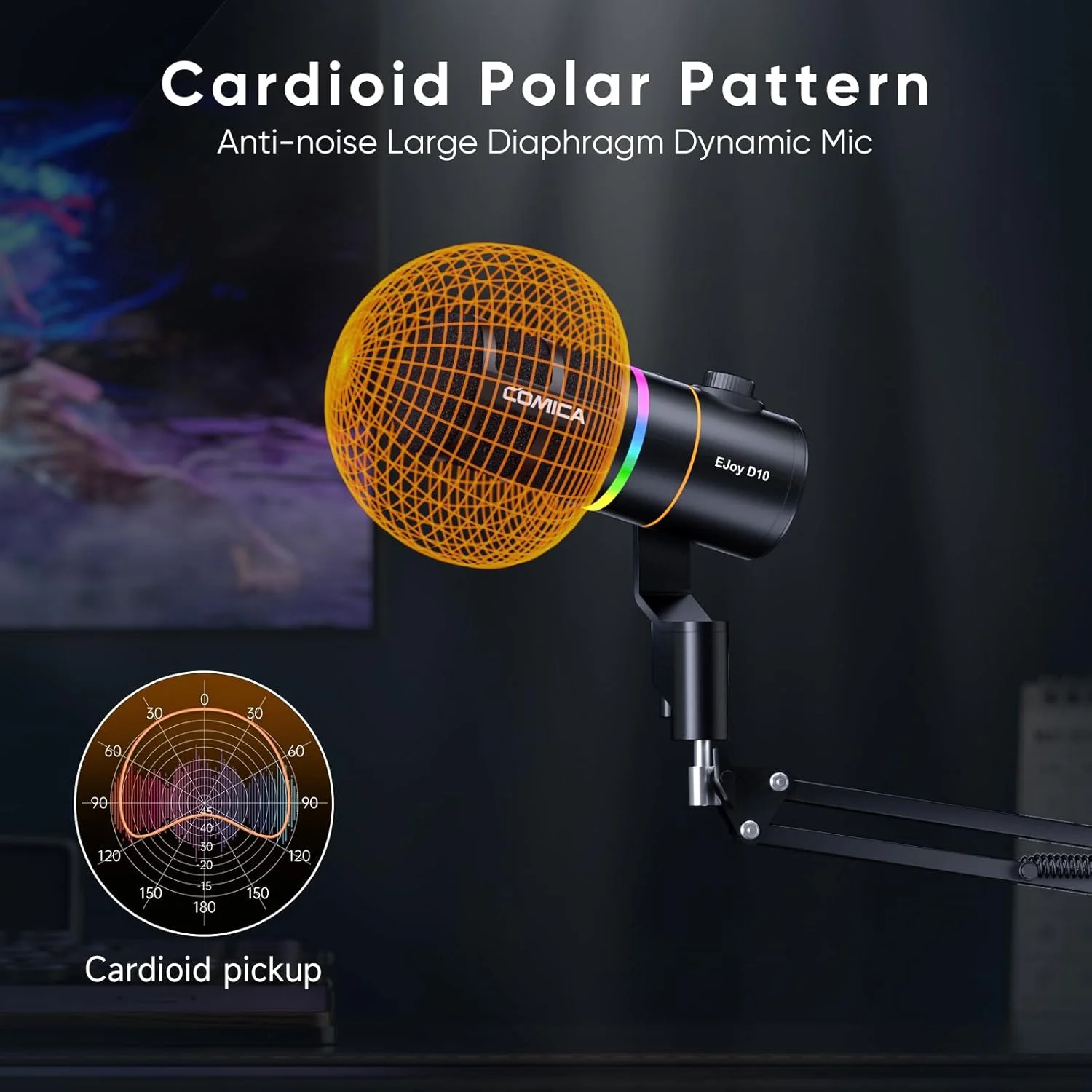 میکروفون کاردیوئید داینامیک USB-C/XLR کمیکا EJoy D10 با کیفیت 48kHz/24bit، حذف نویز Calmix، نورپردازی RGB، تقویت و مانیتورینگ قابل تنظیم