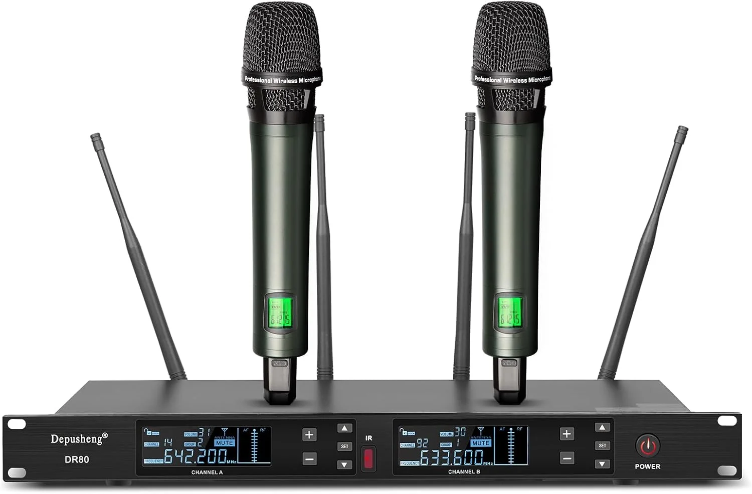 ست میکروفون بی سیم حرفه ای UHF دپوشنگ DR80، میکروفون داینامیک دوگانه دستی با کیفیت بالا، برد 150 متر، مناسب برای عروسی، بار و کارائوکه ست میکروفون بی سیم حرفه ای UHF دپوشنگ DR80، میکروفون داینامیک دوگانه دستی با کیفیت بالا، برد 150 متر، مناسب برای عروسی، بار و کارائوکه