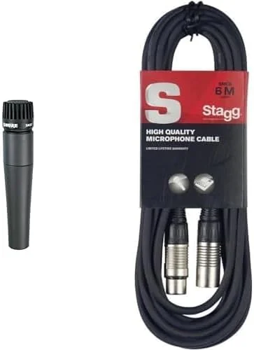 میکروفون ساز دینامیک Shure SM57 با الگوی قطبی کاردیوئید و کابل Stagg SMC6، XLR (نر) - XLR (ماده)، میکروفون به میکسر، 6 متر طول، مشکی