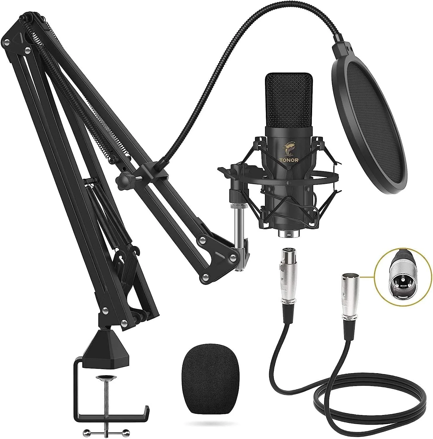 میکروفون کاندنسر کاردیوئید XLR تونور مدل Professional Nieren Studio به همراه بازوی میکروفون T20، لرزه گیر میکروفون، پاپ فیلتر مناسب برای ضبط صدا، پادکست، صداگذاری، استریمینگ، استودیوی خانگی (TC20)