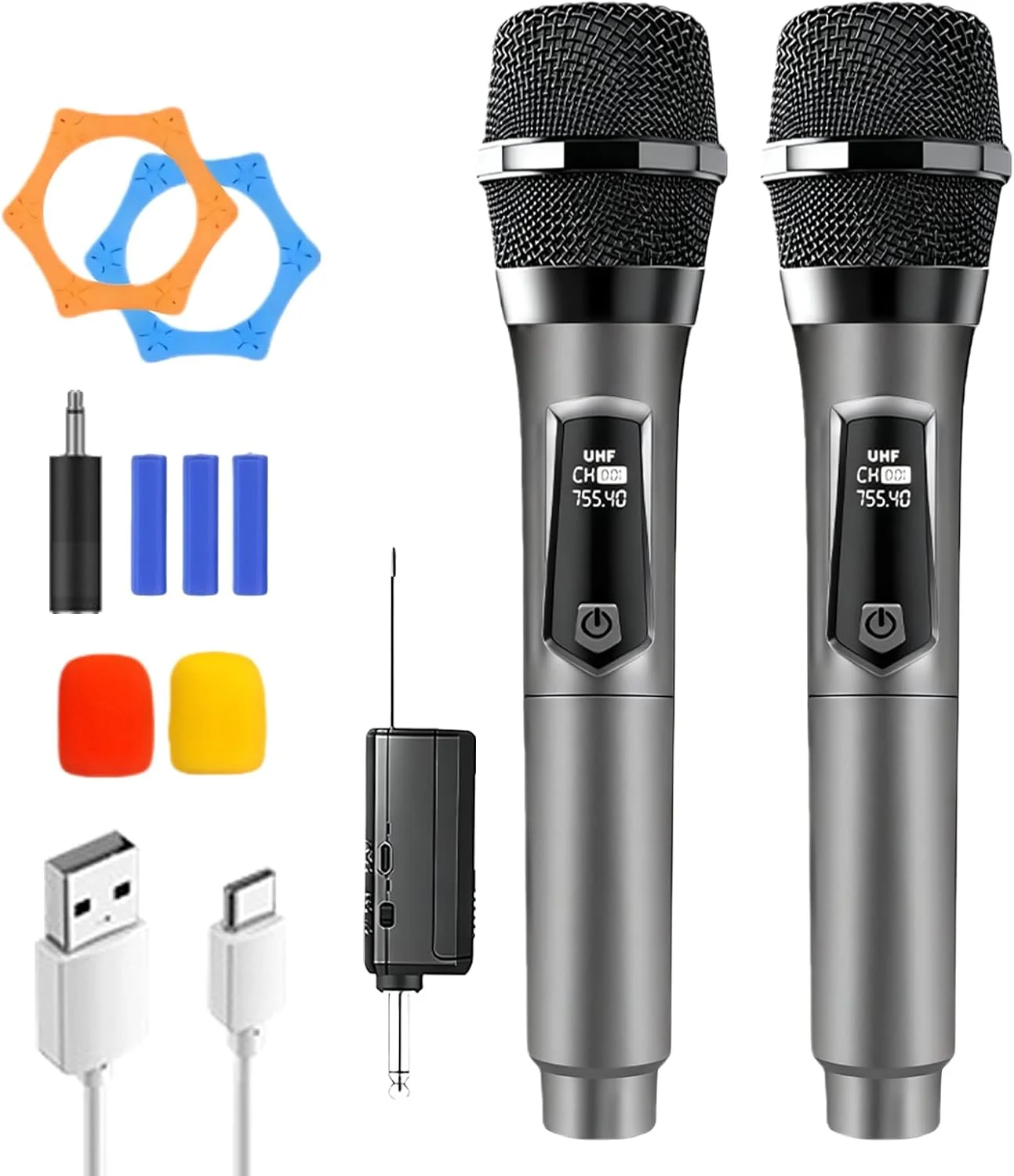 میکروفون بی‌سیم، میکروفون بی‌سیم قابل شارژ، میکروفون دوگانه دستی با USB-C، میکروفون بی‌سیم، سیستم میکروفون بی‌سیم UHF Plug-and-Play برای کارائوکه دی‌جی سخنرانی مهمانی‌ها استیج عروسی (خاکستری)