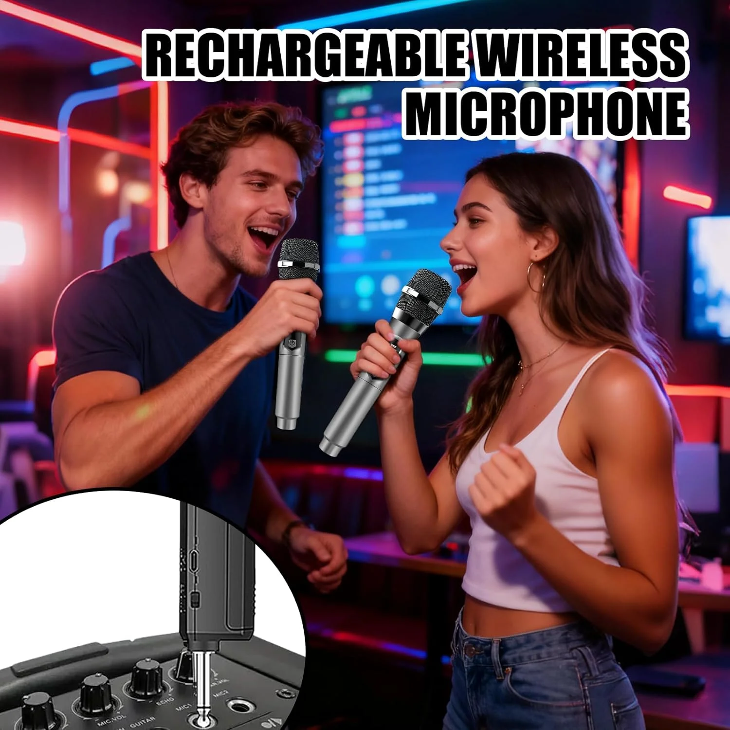 میکروفون بی سیم، میکروفون کارائوکه، میکروفون دوگانه بی سیم، مجموعه میکروفون بی سیم دستی قابل شارژ برای آواز خواندن کارائوکه، عروسی، دی جی، مهمانی، سخنرانی، کلیسا، تدریس