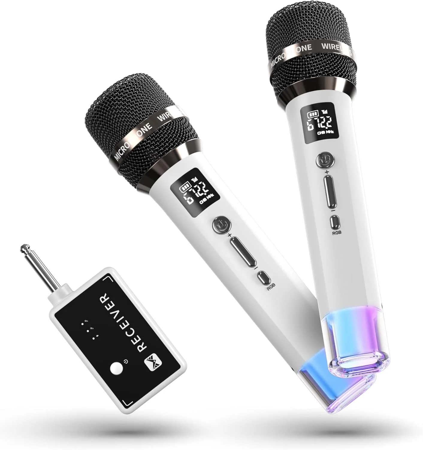 میکروفون بی‌سیم با اتصال تراشه یک به یک و چراغ‌های LED، 40 ساعت عمر باتری، برد 200 فوتی، کنترل صدا، میکروفون کارائوکه برای مهمانی خانگی، یوتیوب/تیک‌تاک