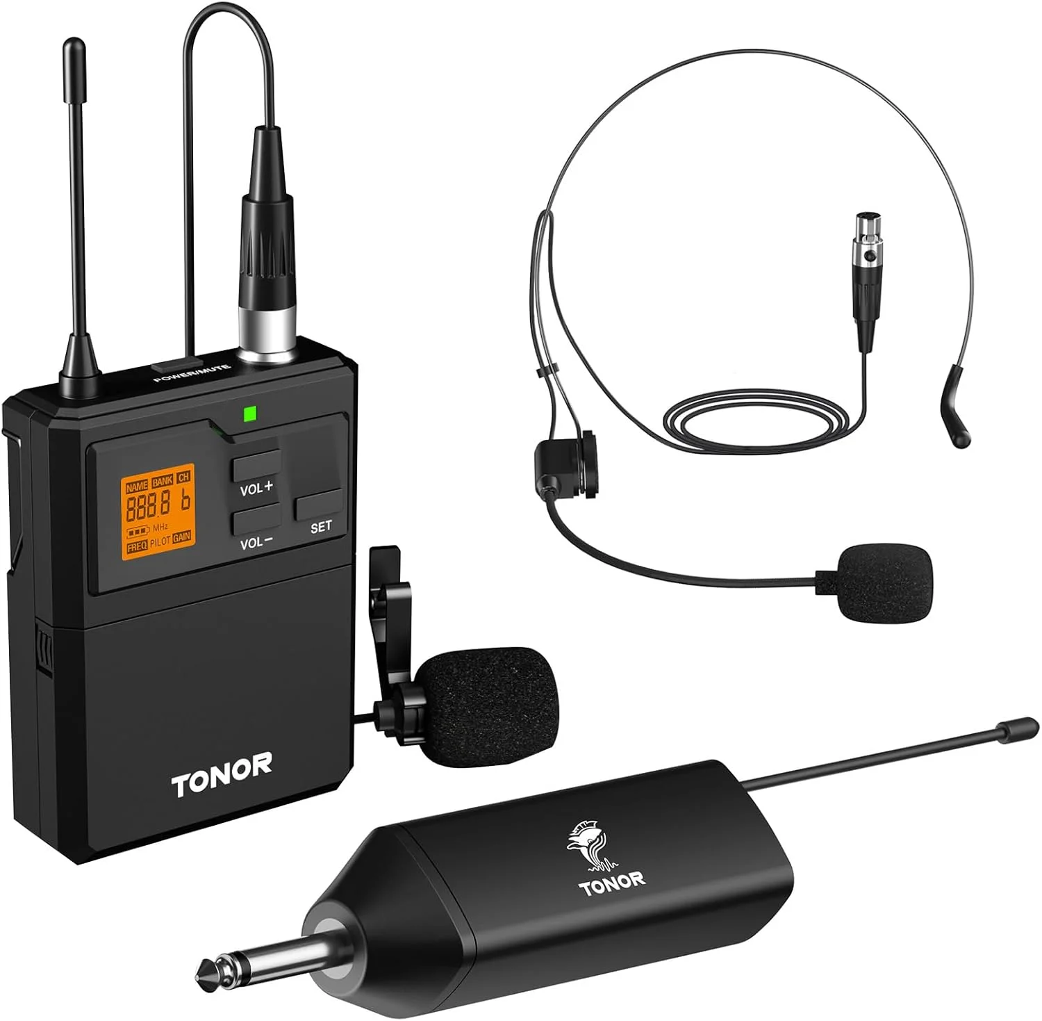 TONOR UHF Mikrofon Kabellos set mit Headset Kopfbügel Funkmikrofon/Lavalier Ansteckmikrofonen Bodypack Transmitter, Mini-Empfänger 6,35 mm Ausgang 60m Reichweite Wireless Microphone für Live-Auftritte