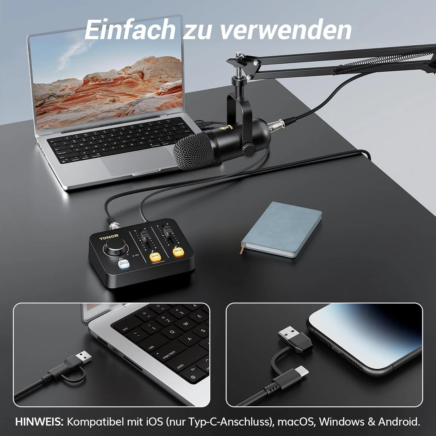 مجموعه میکروفون پادکست TONOR با اینترفیس صوتی و بازوی میکروفون، میکروفون XLR، میکروفون های کاندنسر، میکسر صدا، کنترل کننده صدا، صدای استریو سه بعدی، برای ضبط، پادکست، استریم، POD-1 مجموعه میکروفون پادکست TONOR با اینترفیس صوتی و بازوی میکروفون، میکروفون XLR، میکروفون های کاندنسر، میکسر صدا، کنترل کننده صدا، صدای استریو سه بعدی، برای ضبط، پادکست، استریم، POD-1