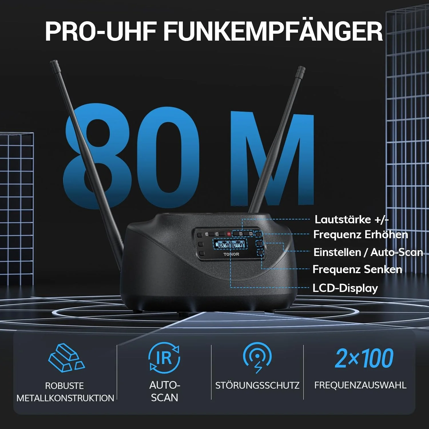 میکروفون بی سیم شارژی TONOR، سیستم میکروفون کارائوکه بلوتوث دوگانه UHF فلزی، برد UHF 80 متر، برای مهمانی های خانگی، کلیسا، دی جی ها و عروسی ها، خاکستری تیره