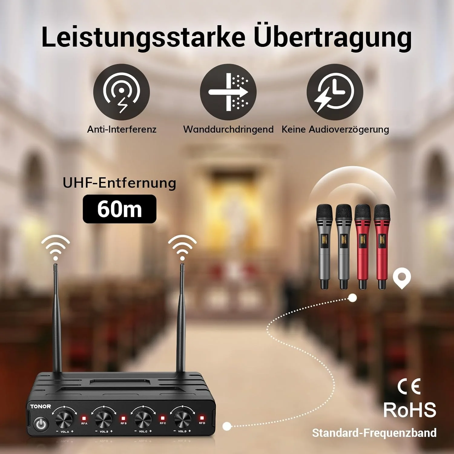 مجموعه میکروفون بی سیم TONOR با 4x5 کانال، میکروفون دستی بی سیم، میکروفون های دینامیکی بی سیم با گیرنده برد 60 متری، انتقال سیگنال پایدار برای کارائوکه، آواز، مهمانی، قرمز مجموعه میکروفون بی سیم TONOR با 4x5 کانال، میکروفون دستی بی سیم، میکروفون های دینامیکی بی سیم با گیرنده برد 60 متری، انتقال سیگنال پایدار برای کارائوکه، آواز، مهمانی، قرمز