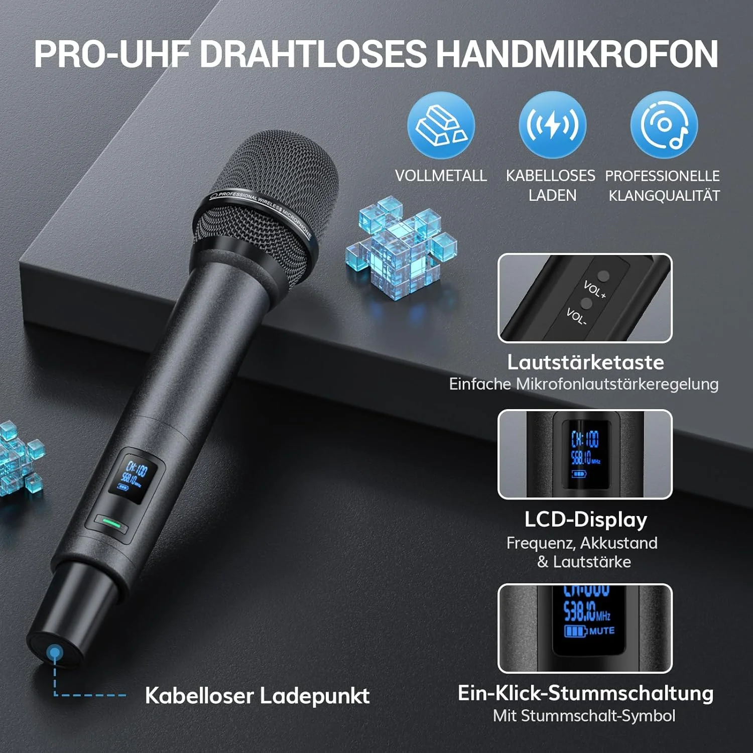 میکروفون بی سیم شارژی TONOR، سیستم میکروفون کارائوکه بلوتوث دوگانه UHF فلزی، برد UHF 80 متر، برای مهمانی های خانگی، کلیسا، دی جی ها و عروسی ها، خاکستری تیره