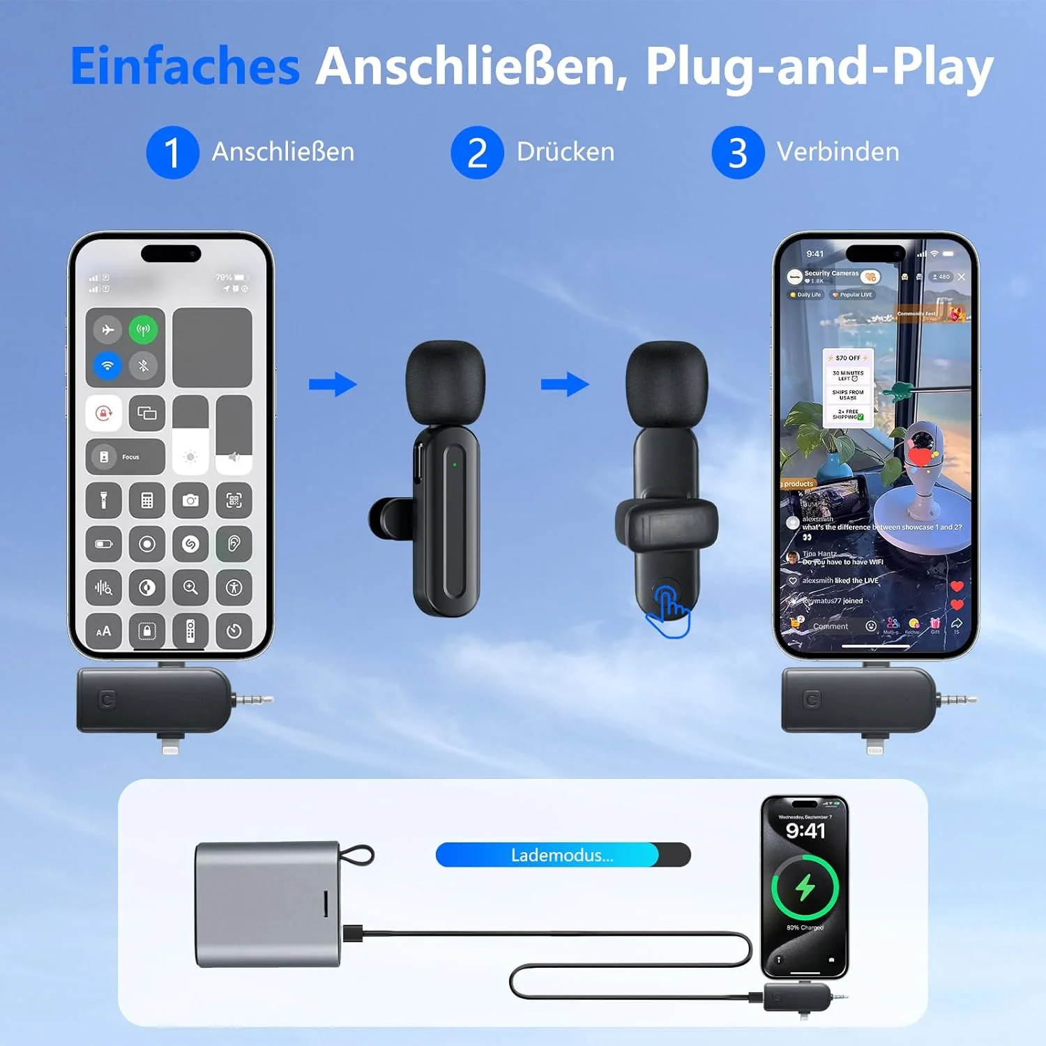 ست میکروفون یقه ای بی سیم سازگار با آیفون | میکروفون کوچک با قابلیت حذف نویز برای یوتیوب، تیک تاک، ولاگ و ضبط ویدیو (2 عدد میکروفون + گیرنده، 8 ساعت عمر باتری)