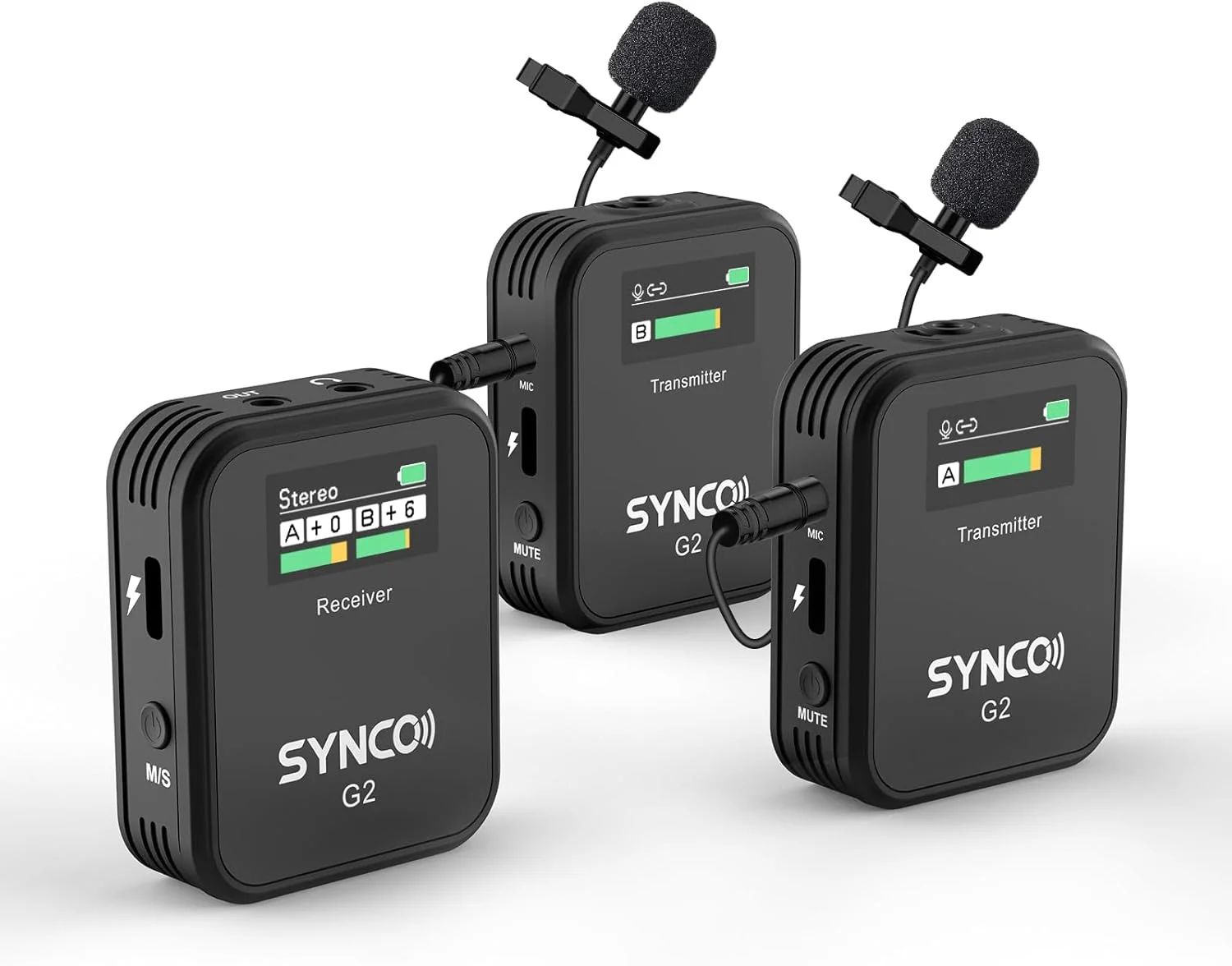 میکروفون یقه‌ای بی‌سیم SYNCO، مدل G2(A2) 2.4G با دو فرستنده، 48 کیلوهرتز 24 بیت، میکروفون یقه‌ای بی‌سیم 200 متری 8 ساعته برای دوره‌های آنلاین، ولاگ‌ها، استریمینگ برای دوربین، تلفن هوشمند و تبلت