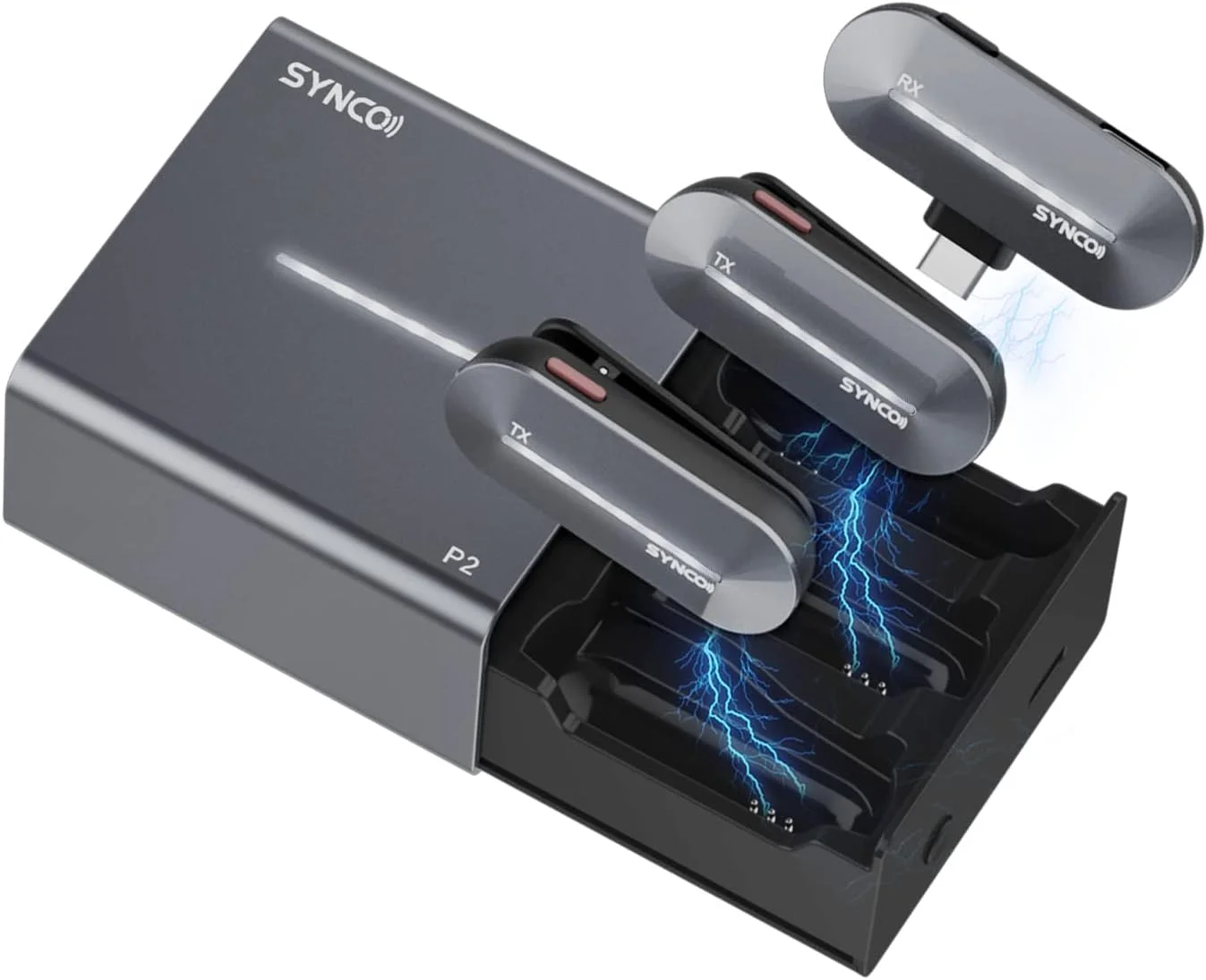 میکروفون یقه‌ای بی‌سیم SYNCO P2T【Type-C】 میکروفون بی‌سیم گوشی هوشمند با جعبه شارژ و 2*RX 1*TX، سازگار با گوشی هوشمند و تبلت اندروید، میکروفون یقه‌ای بی‌سیم موبایل اندروید