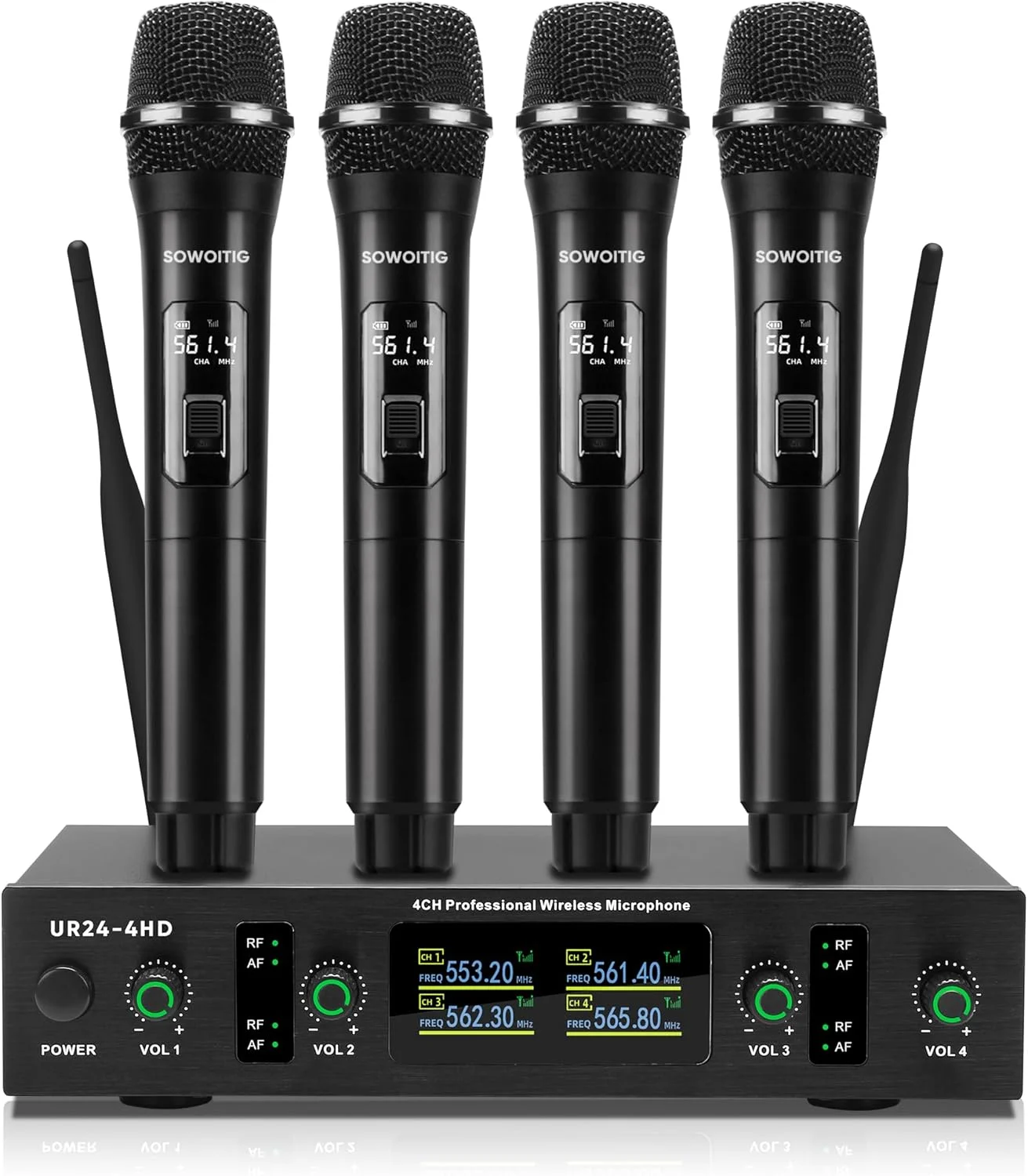 ست میکروفون بی سیم 4 کاناله UHF با 4 میکروفون دستی بی سیم - سیستم میکروفون بی سیم حرفه ای با گیرنده، برد 90 متری - برای خانه، مهمانی، کارائوکه، جشن خانوادگی و رویدادها