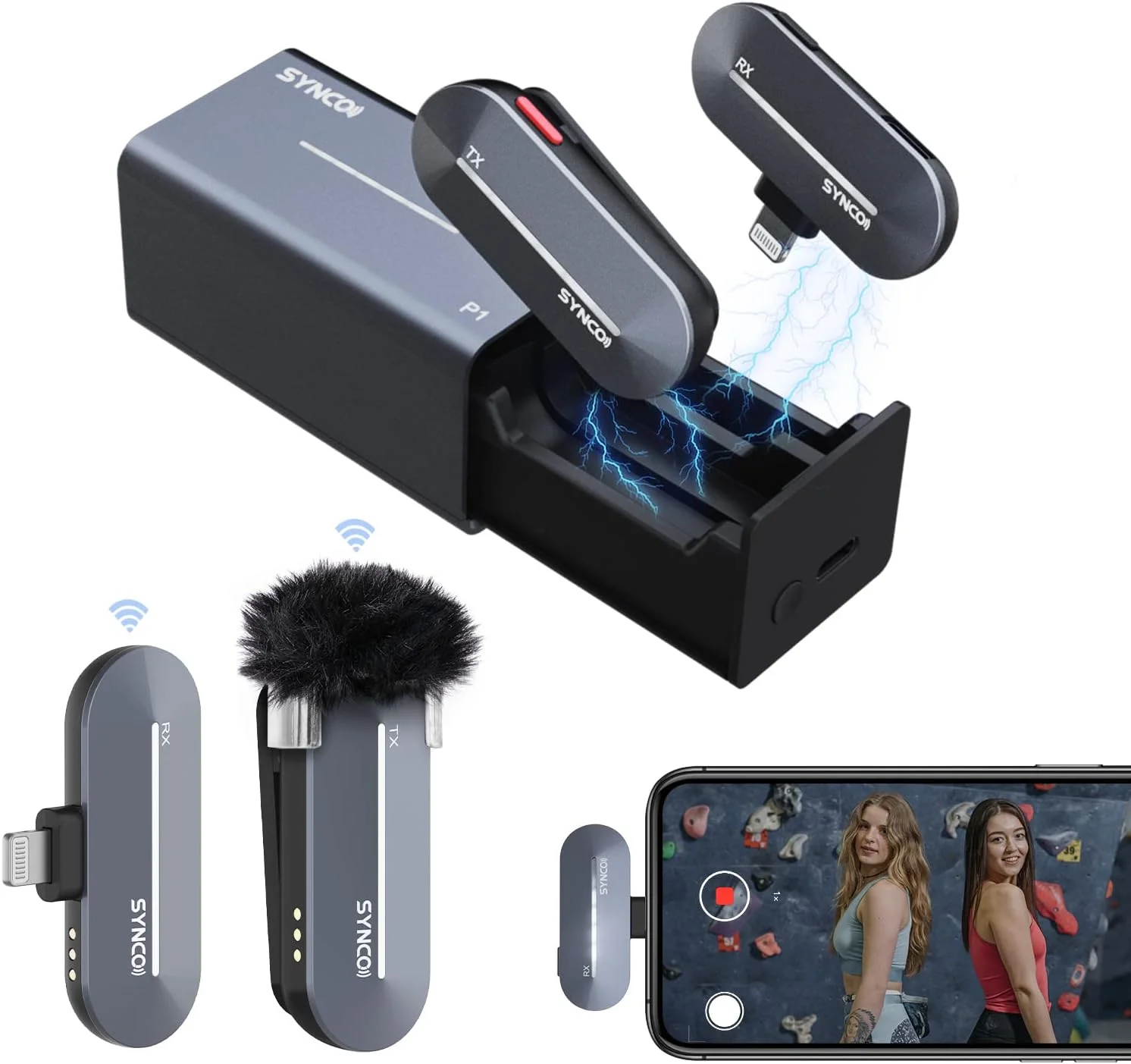 میکروفون یقه‌ای بی‌سیم SYNCO، مدل P1L 2.4GHz، میکروفون بی‌سیم گوشی هوشمند با جعبه شارژ، Plug & Play برای آیفون، آیپد، یوتیوب، ولاگ، میکروفون یقه‌ای بی‌سیم گوشی