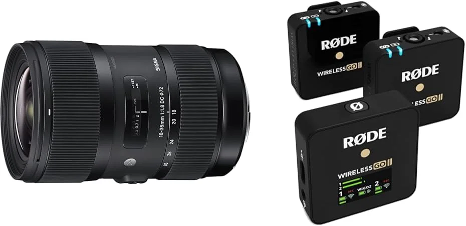 لنز سیگما 18-35mm F1.8 DC HSM Art برای دهانه لنز Canon EF و سیستم میکروفون بی‌سیم دو کاناله فوق‌العاده فشرده RØDE Wireless GO II