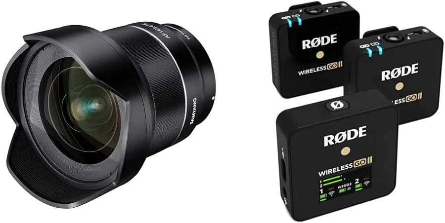 Samyang AF 14mm F2,8 Sony FE - لنز اولترا واید با فوکوس خودکار و سیستم میکروفون بی سیم دو کاناله فوق فشرده RØDE Wireless GO II