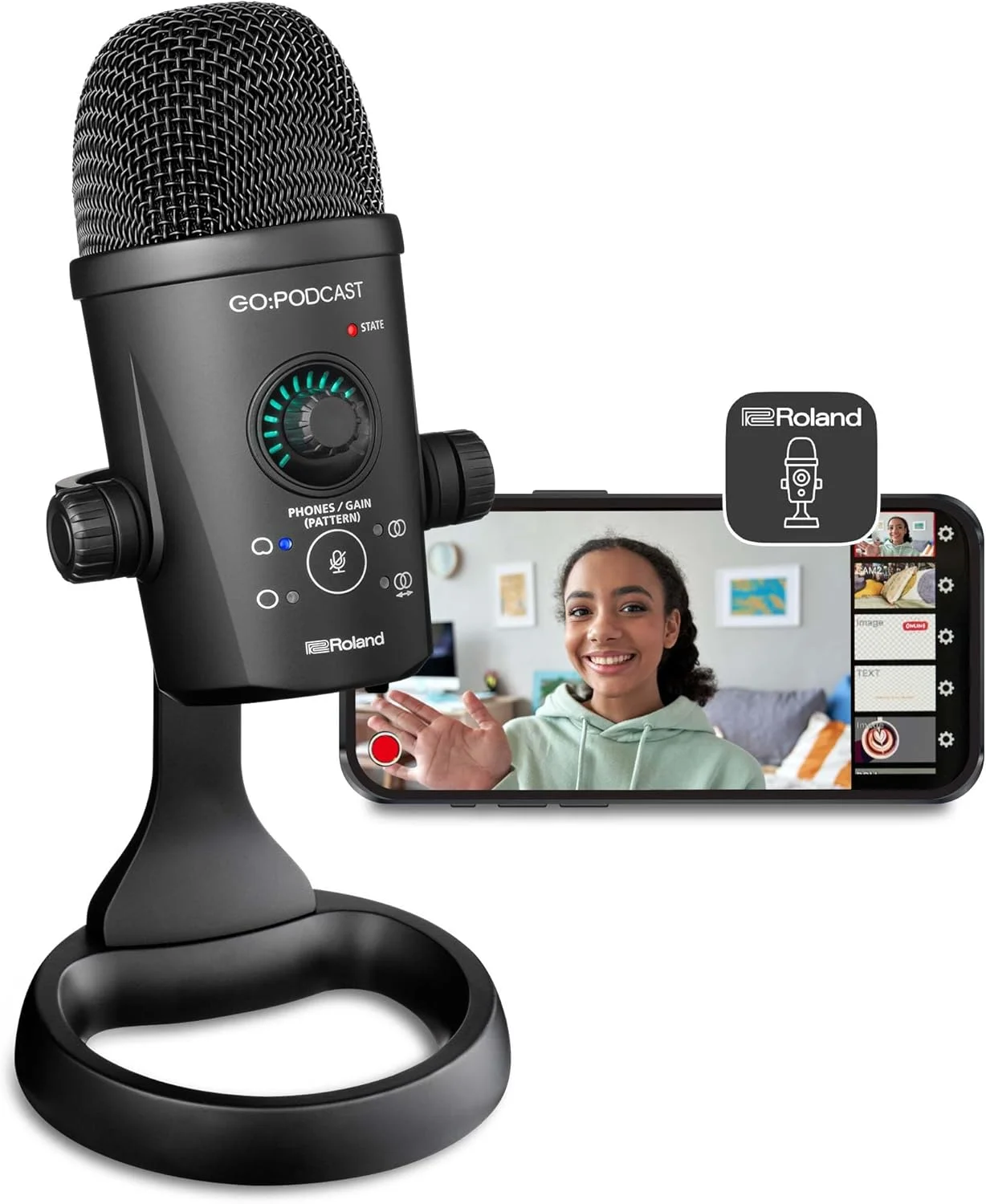 استودیوی پادکست ویدیویی Roland GO:Podcast برای تلفن‌های هوشمند | سیستم پخش زنده آسان برای پادکسترها، وبلاگ نویسان و غیره | برنامه ویدیویی بصری | میکروفون USB با کیفیت بالا | چهار الگوی قطبی