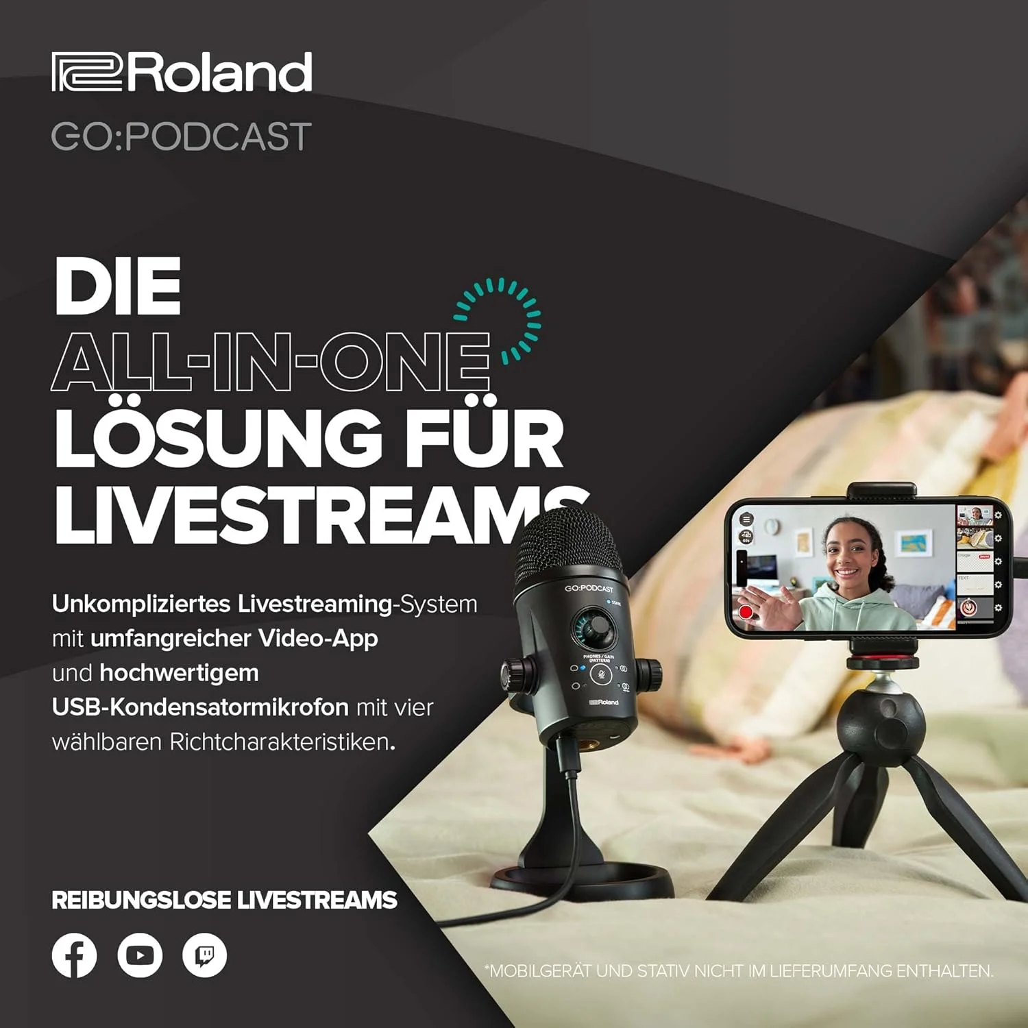 استودیوی پادکست ویدیویی Roland GO:Podcast برای تلفنهای هوشمند | سیستم پخش زنده آسان برای پادکسترها، وبلاگ نویسان و غیره | برنامه ویدیویی بصری | میکروفون USB با کیفیت بالا | چهار الگوی قطبی استودیوی پادکست ویدیویی Roland GO:Podcast برای تلفنهای هوشمند | سیستم پخش زنده آسان برای پادکسترها، وبلاگ نویسان و غیره | برنامه ویدیویی بصری | میکروفون USB با کیفیت بالا | چهار الگوی قطبی