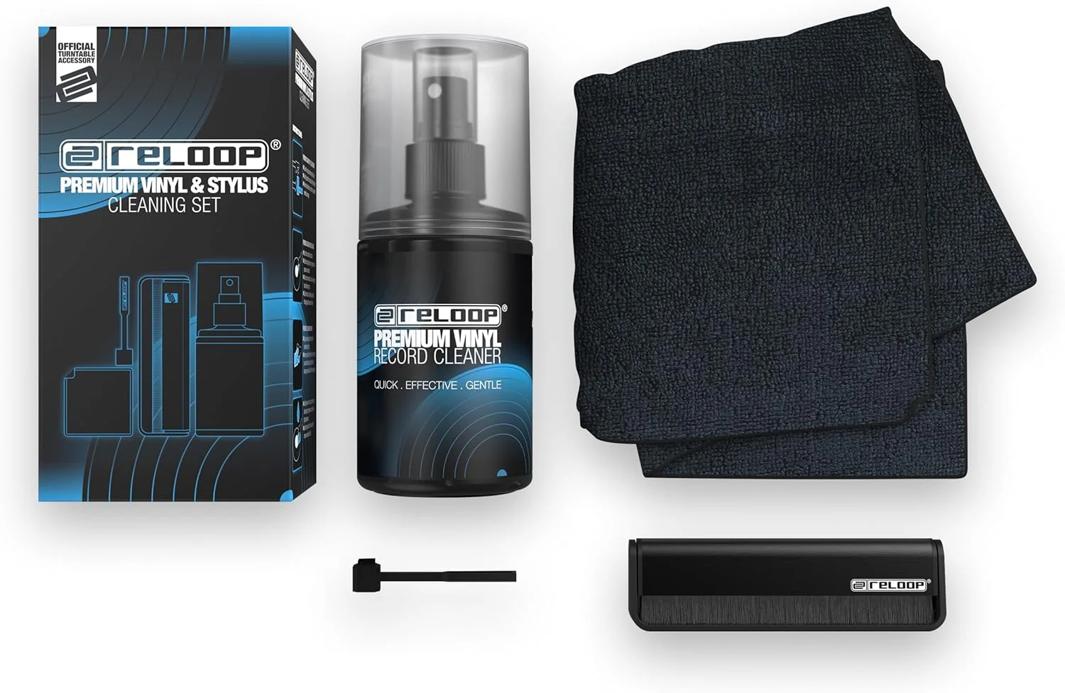 مجموعه تمیز کننده حرفه ای DJ رلوپ MK2 - برس صفحه کربنی، پارچه تمیز کننده ضد الکتریسیته ساکن، محلول تمیز کننده وینیل/سوزن